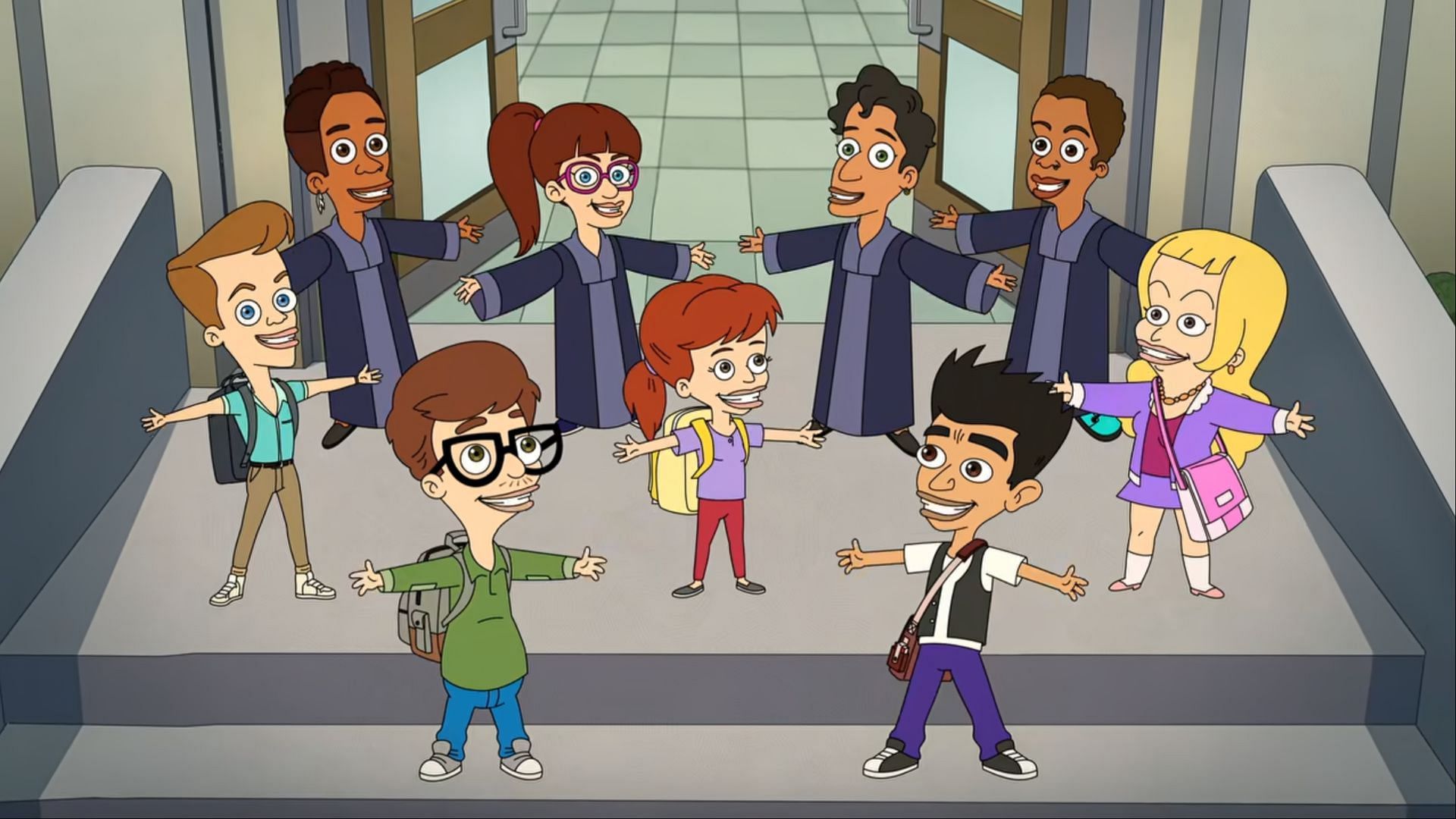 Students gather at the school entrance in a celebratory pose, marking the start of a new chapter. (Image via Netflix)
